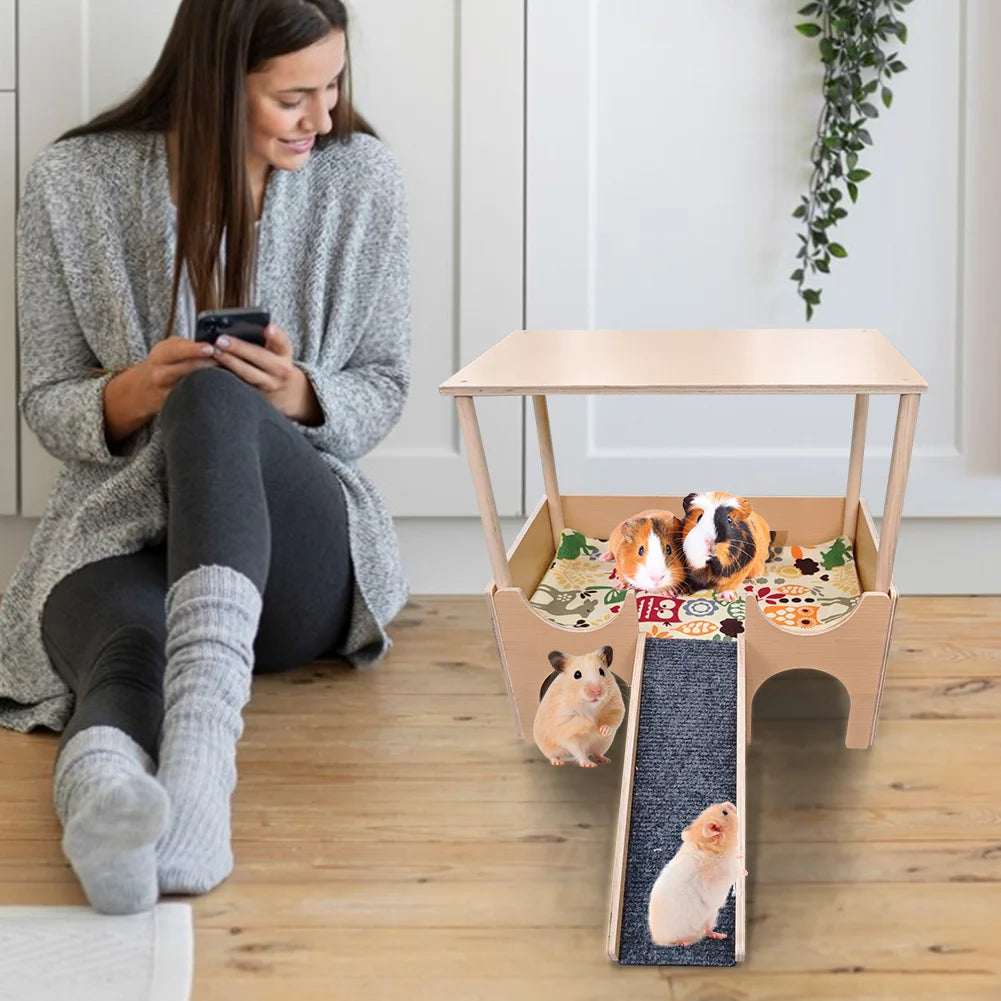 2-Tier Guinea Pig Castle Wooden Small Animal House with Stairs Guinea Pigs House for Hamsters Bunny Chinchillas Playing Hiding