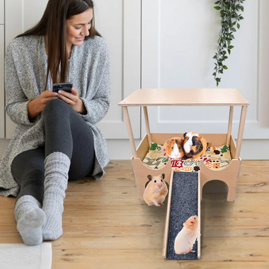 2-Tier Guinea Pig Castle Wooden Small Animal House with Stairs Guinea Pigs House for Hamsters Bunny Chinchillas Playing Hiding