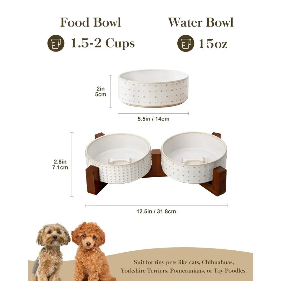 Dog Bowl Set with Walnut Wood Stand, 1.5 Cups Ceramic Pet Bowls for Puppy Dogs, Dual Food and Water Bowls with Weighted NonSlip