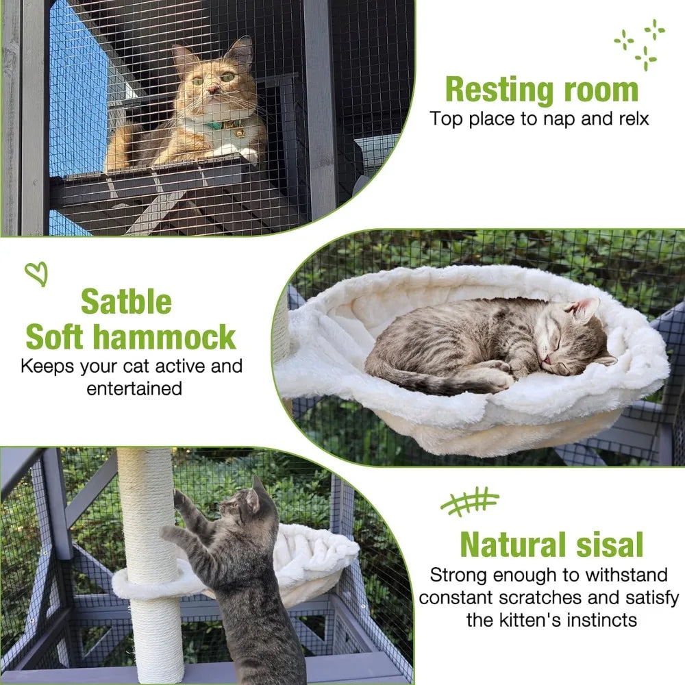 GUTINNEEN Catio Outdoor Cat Enclosure Mobile Cat House Indoor On Wheels with Scratch Post, Hammock, Resting Box, Platform, Tarp