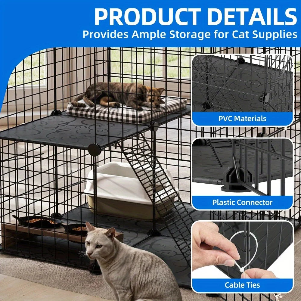 28" Cat Cage, 2 Tier Indoor Cat Enclosures, DIY Cat Playpen Metal Kennel for 1-2 Cats, 28"L x 28"W x 28"H, Black