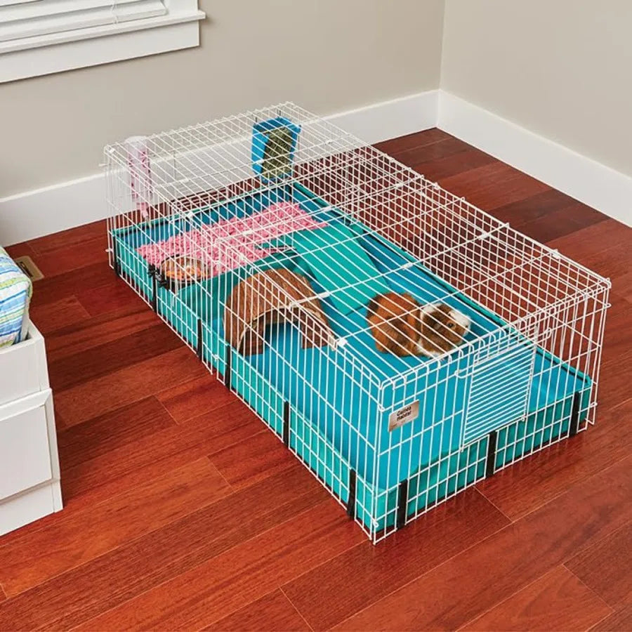 Expandable small animal cage with divider panel and hinged top for guinea pigs featuring washable PVC canvas bottom ideal for m