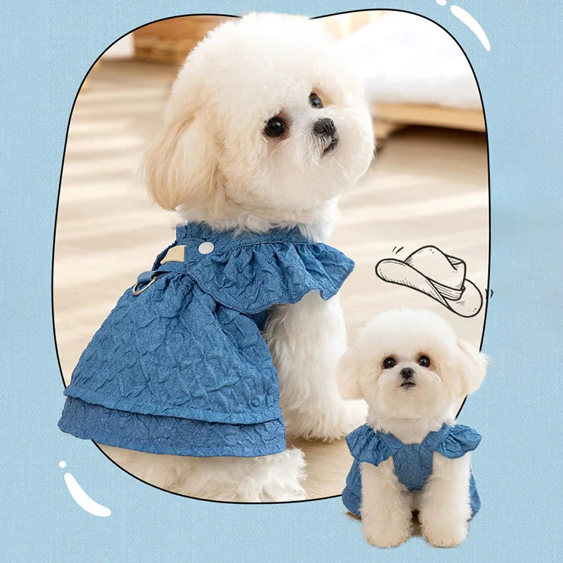 Summer Denim Pet Dress - Flying Sleeve Dog & Cat Outfit with Leash Ring
