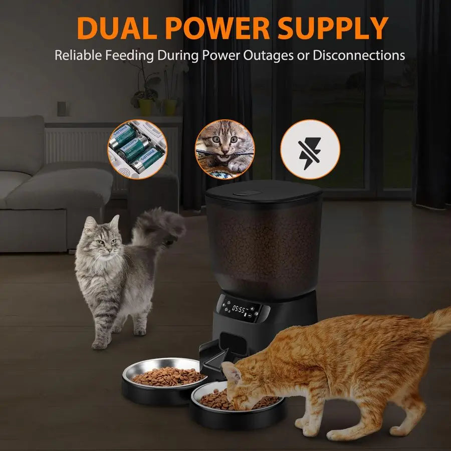 Cat Feeders for Two Cats, 5L 20 Cups Double Automatic Cat Food Dispenser with 2 Stainless Bowls, Timer Setting 20 Portions 6 Mea