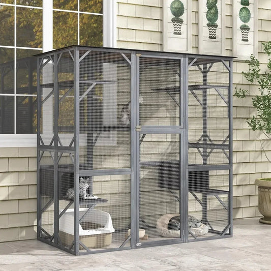 Outdoor Cat Enclosure Large, 71 Inch Outdoor Cat House Weatherproof with Asphalt Roof, Wooden Cat Cage Playpen