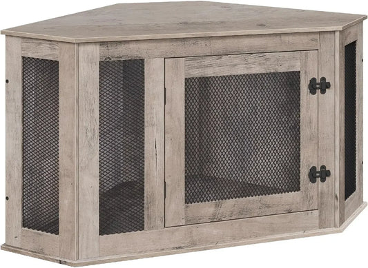 Corner Dog Crate Furniture, Wooden Dogs Kennel End Table, Decorative Pet Crate Indoor Use, Furniture Style Dogs House