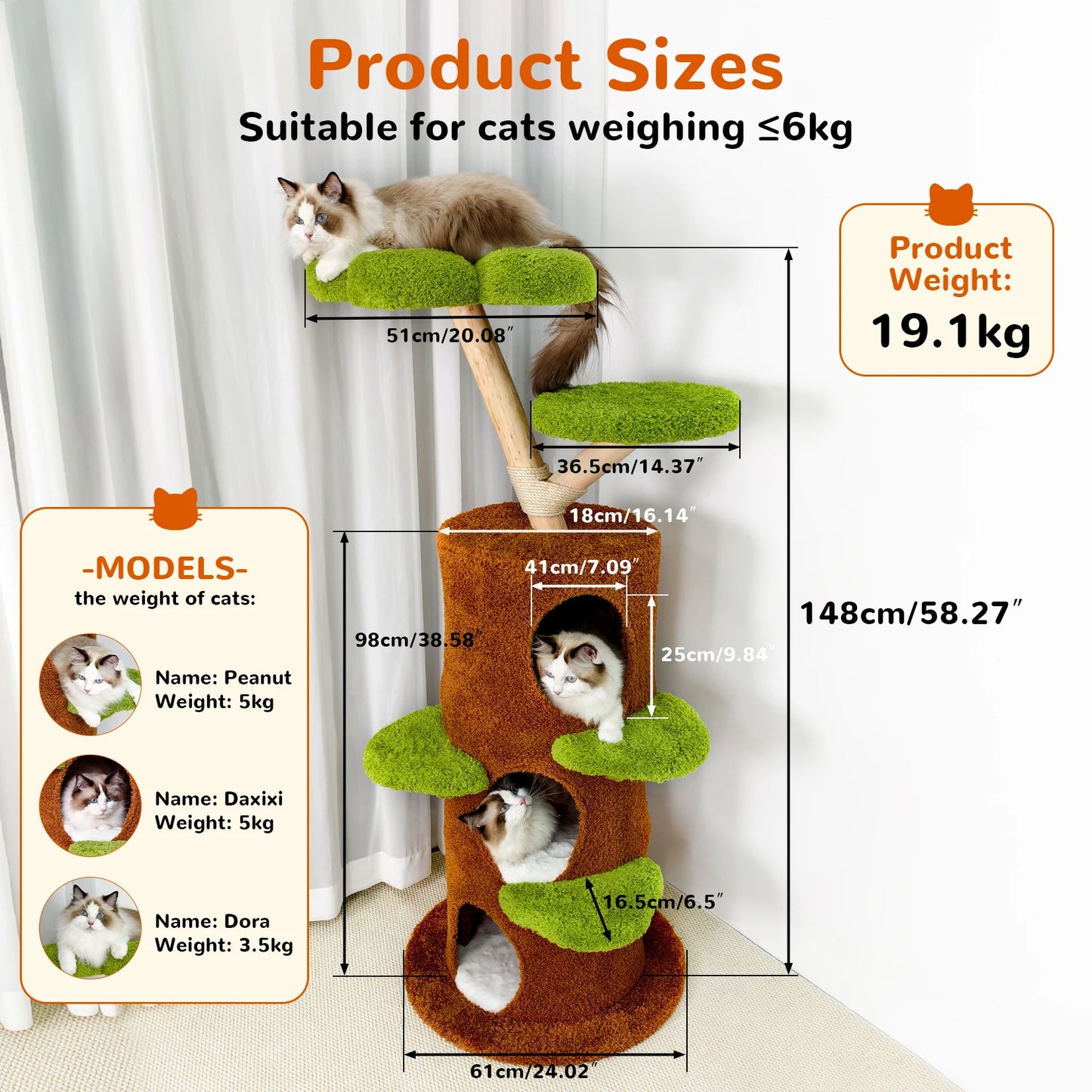 58.2” Tall Cat Tree for Indoor Cats, Large Cat Tower with Luxury Cat Condo, Cat Tree Tower with Soft Cushion, Scratching Board