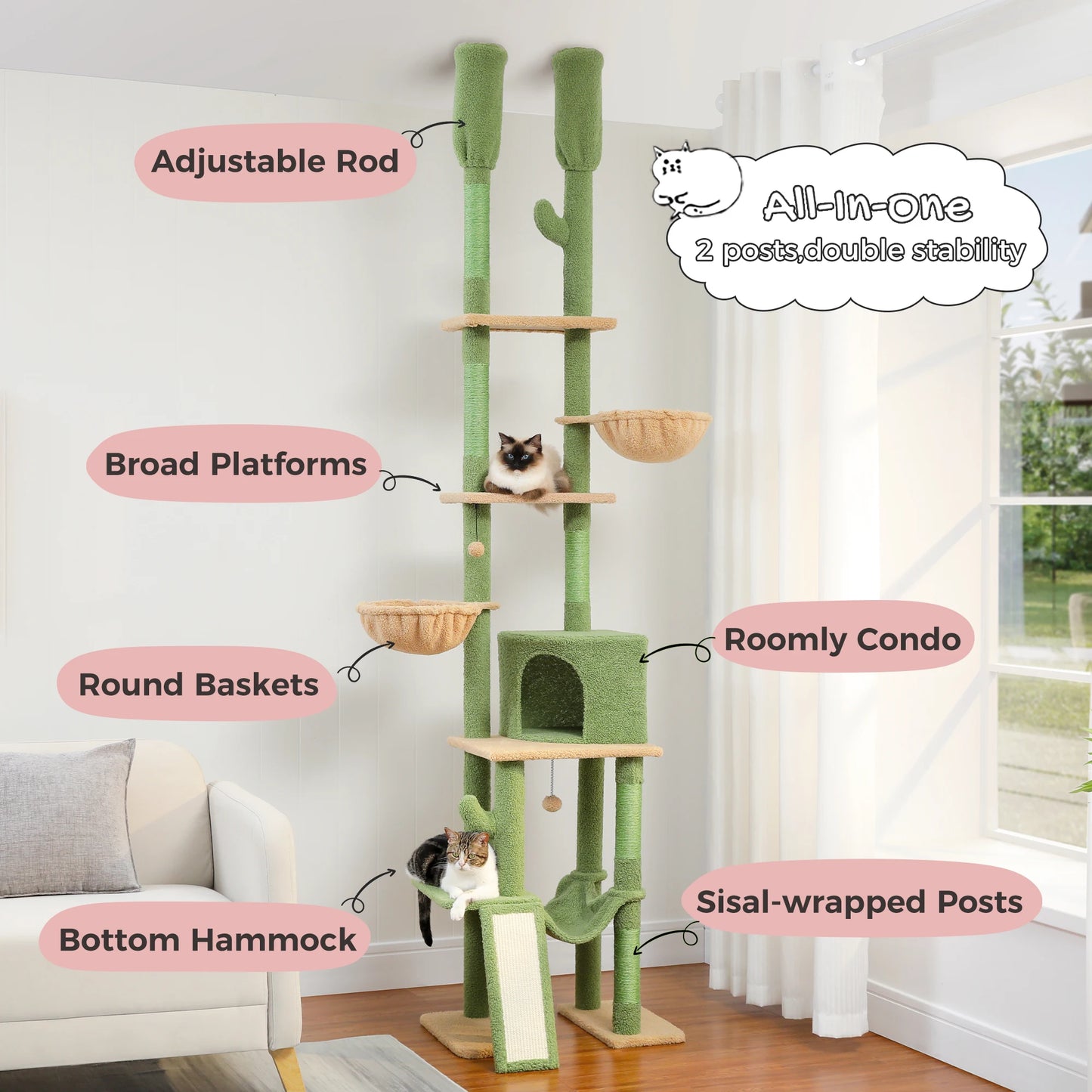 Cactus Cat Tree Floor to Ceiling Cat Tower with Sisal Scratching Post,Comfortable Hammock for Multi-Cat Homes,Cat Accessories