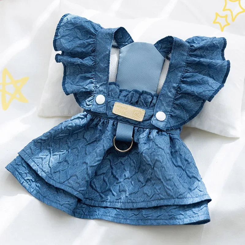 Summer Denim Pet Dress - Flying Sleeve Dog & Cat Outfit with Leash Ring