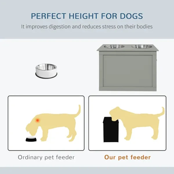 Raised Dog Feeding Station with 2 StainlSteel Bowls and Storage for Large Dogs and Other Large Pets Gray