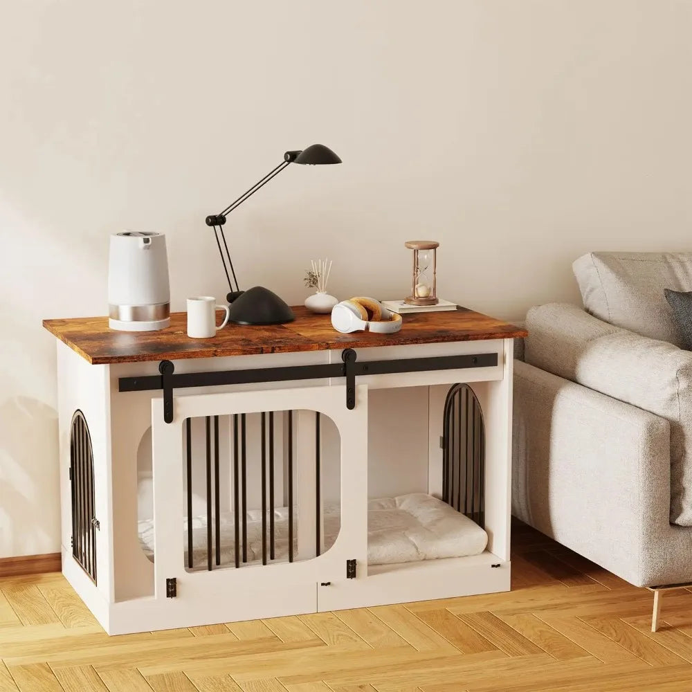 XL Dog Kennel Furniture,39.4 Inch Farmhouse Crate Furniture with Cushion Decorative White Dog Kennel Indoor Thick Wooden