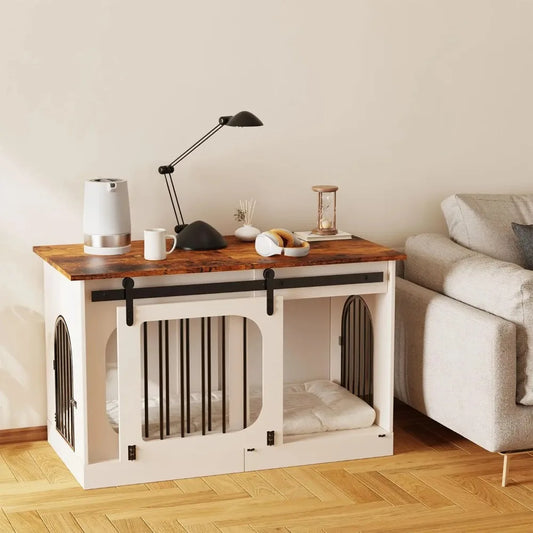XL Dog Kennel Furniture,39.4 Inch Farmhouse Crate Furniture with Cushion Decorative White Dog Kennel Indoor Thick Wooden