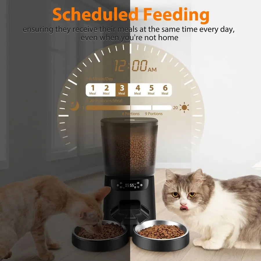 Cat Feeders for Two Cats, 5L 20 Cups Double Automatic Cat Food Dispenser with 2 Stainless Bowls, Timer Setting 20 Portions 6 Mea