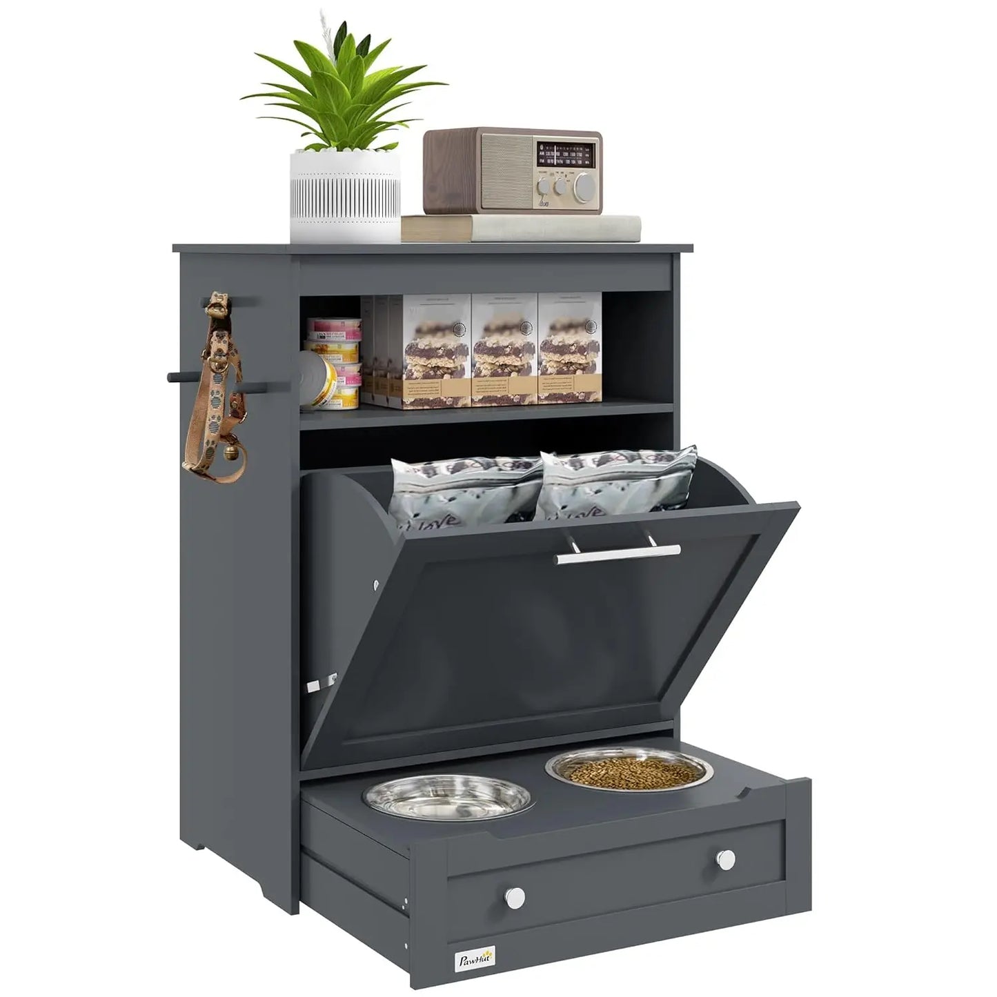 Dog Feeding Station with Raised Bowls & Storage Cabinet, Pet Feeder Cabinet Container with Hanger for Feeding &, Customized