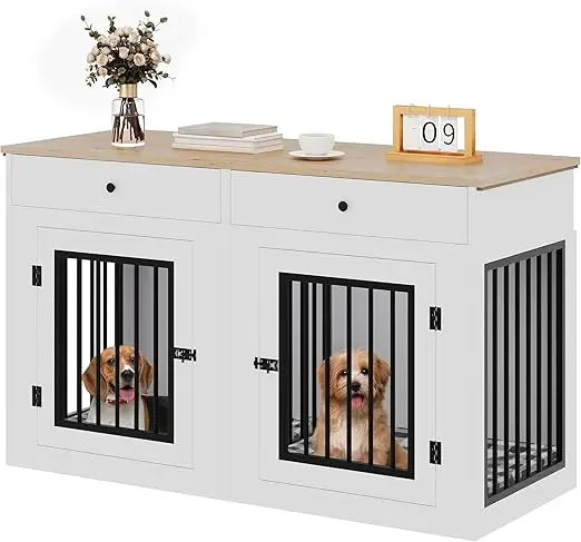 60" Wooden Dog Crate Furniture with Removable Divider & Storage Drawers, Double Door Kennel with Locks for Medium and Large Dog