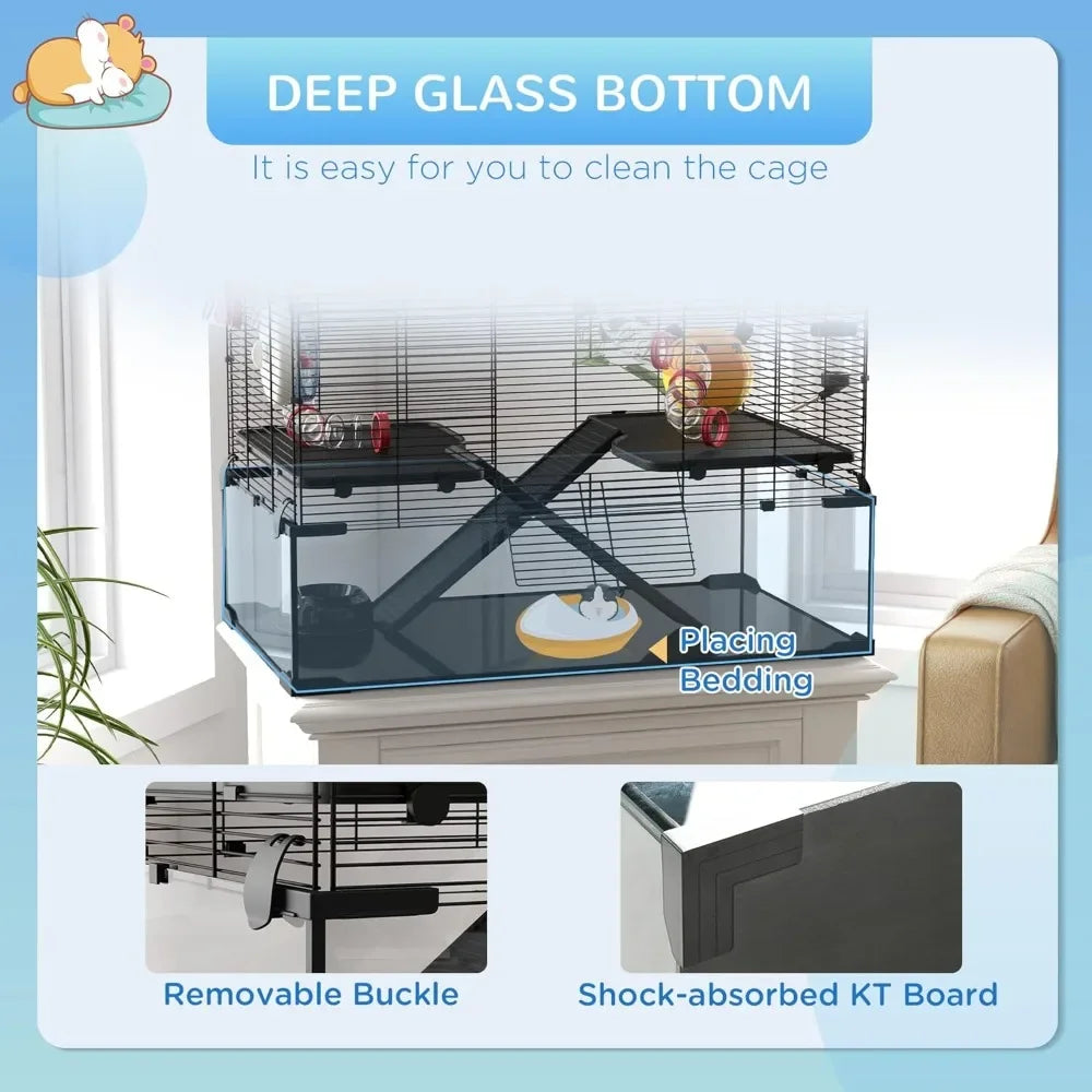 31 Extra Large Hamster Cage with Tube Tunnel, Small Animal Cage for Dwarf Hamster, Rat, Gerbil Cage with Deep Glass