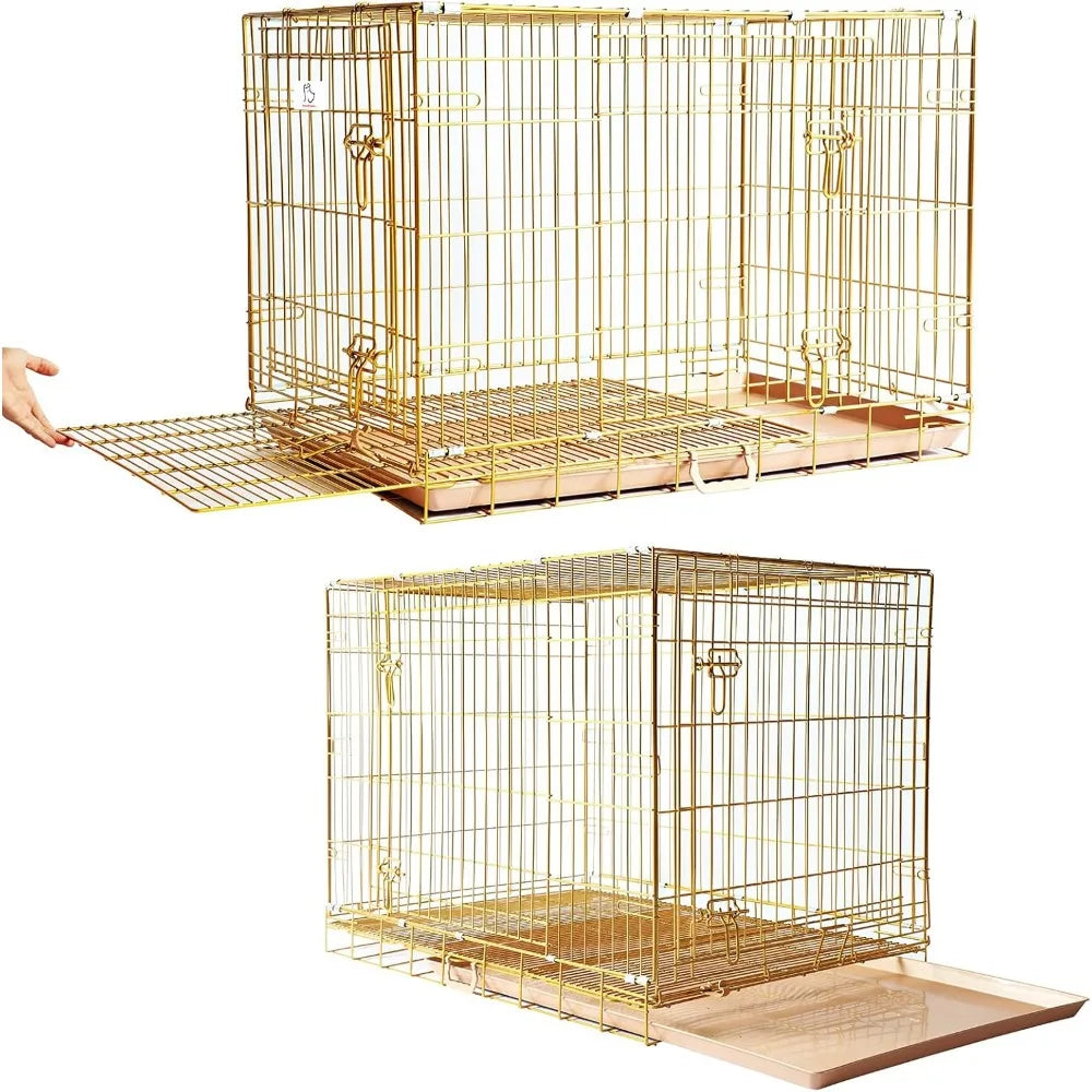 dog crate 42 inch, copper gold dog kennel | portable & foldable metal wire cage for large dogs with pull-out floor grid, easy-cl