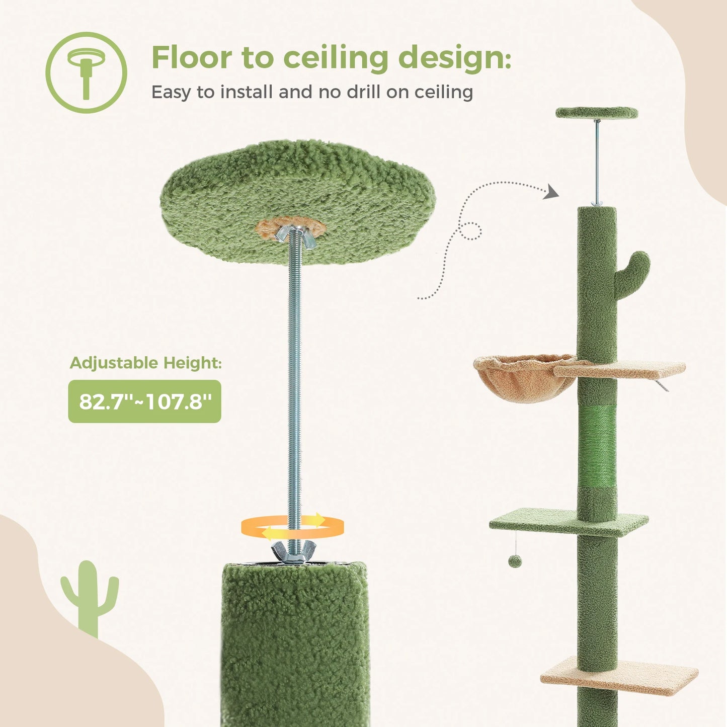 Cactus Cat Tree Floor to Ceiling Cat Tower with Sisal Scratching Post,Comfortable Hammock for Multi-Cat Homes,Cat Accessories