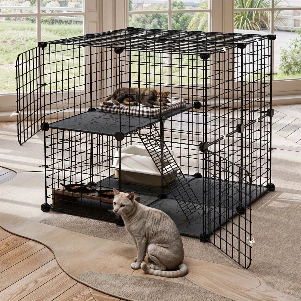 28" Cat Cage, 2 Tier Indoor Cat Enclosures, DIY Cat Playpen Metal Kennel for 1-2 Cats, 28"L x 28"W x 28"H, Black