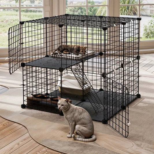 28" Cat Cage, 2 Tier Indoor Cat Enclosures, DIY Cat Playpen Metal Kennel for 1-2 Cats, 28"L x 28"W x 28"H, Black