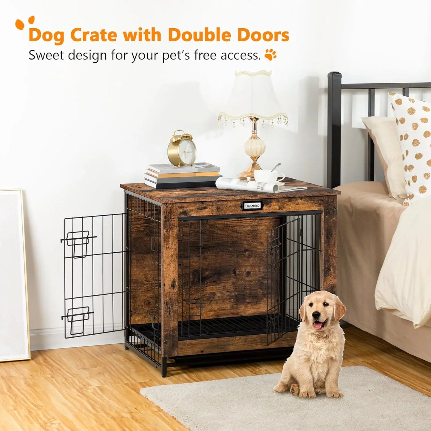Wooden Dog Crate Furniture with Pull-Out Tray, Double Doors for Small/Medium Dogs, Rustic Brown Indoor Kennel