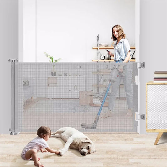 71in Extra Wide Retractable Baby Gate No-Drill Childproof Net Fence 34in Tall Mesh Baby Safety Gate for Stairs Dog Gate Gray