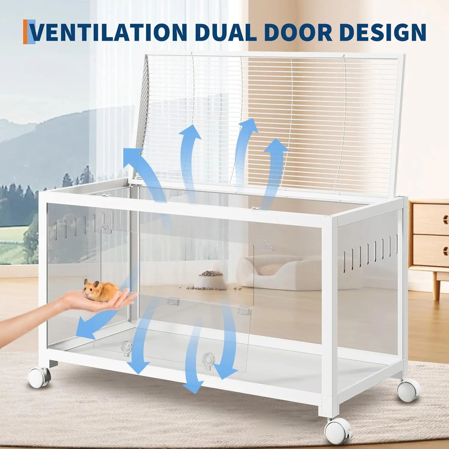 38 Inch Large Metal Rat Cage with Wheels and PS Panels Bite-Proof Hamster Cage with a Small Door Top-Opening Ventilated