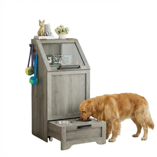Dog Food Station with Storage,Pet Feeding Station with Raised Bowls,Dog Food Storage Cabinet with Hanger for Feeding