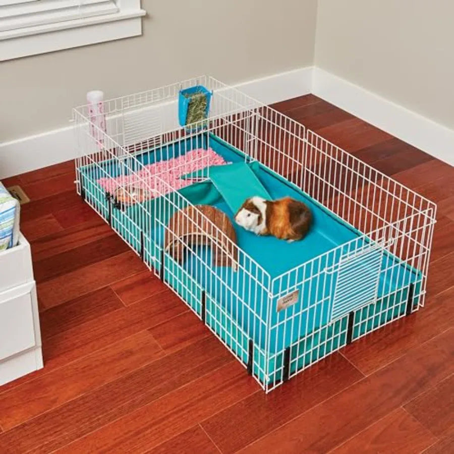 Expandable small animal cage with divider panel and hinged top for guinea pigs featuring washable PVC canvas bottom ideal for m