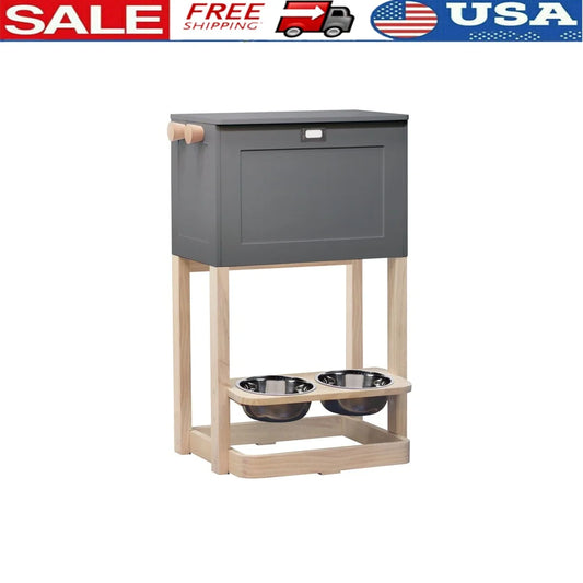 Scandinavian Pet Feeder Station with Raised Storage Non-Slip Bowls Leash Hooks Adjustable Height Suitable Dogs Cats