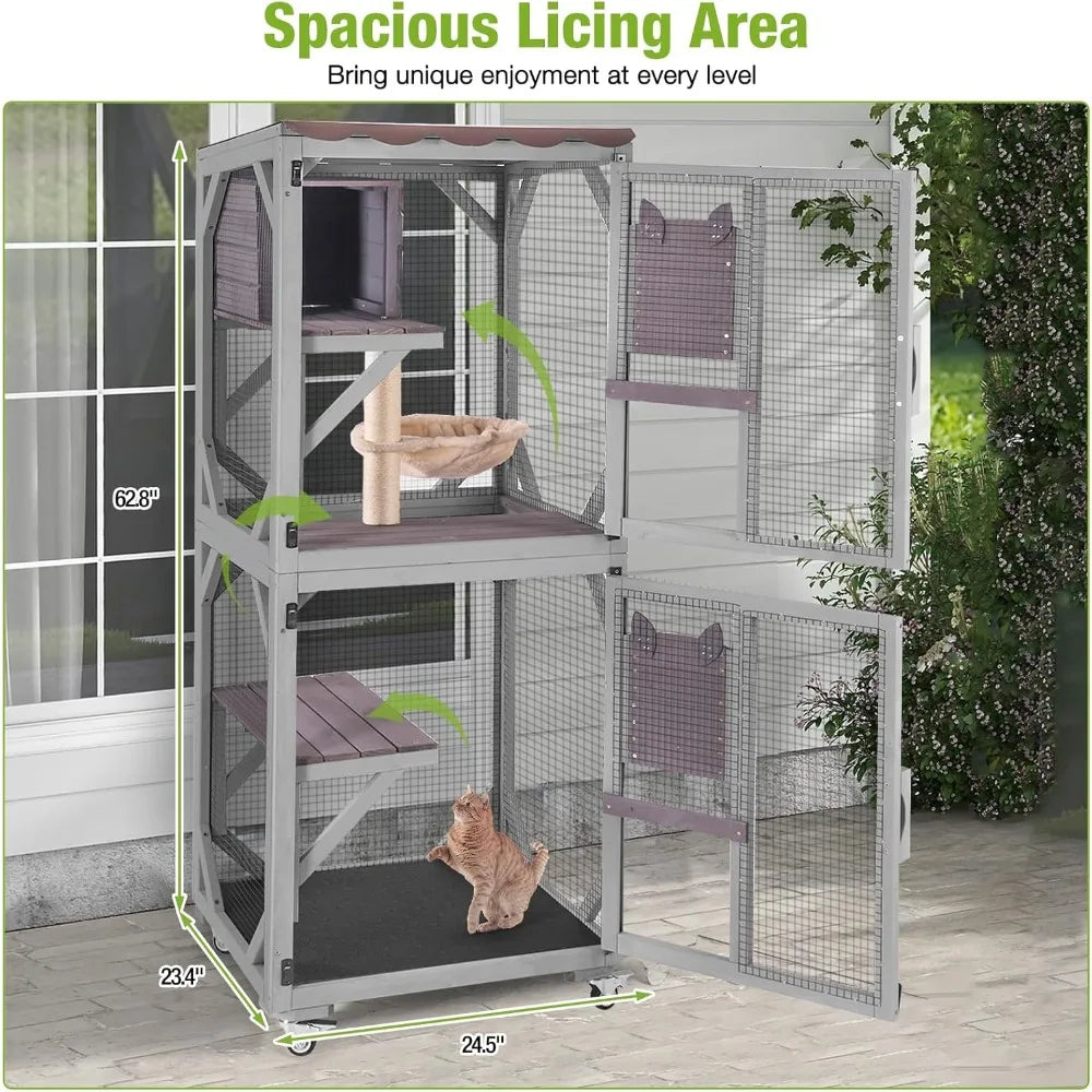 GUTINNEEN Catio Outdoor Cat Enclosure Mobile Cat House Indoor On Wheels with Scratch Post, Hammock, Resting Box, Platform, Tarp