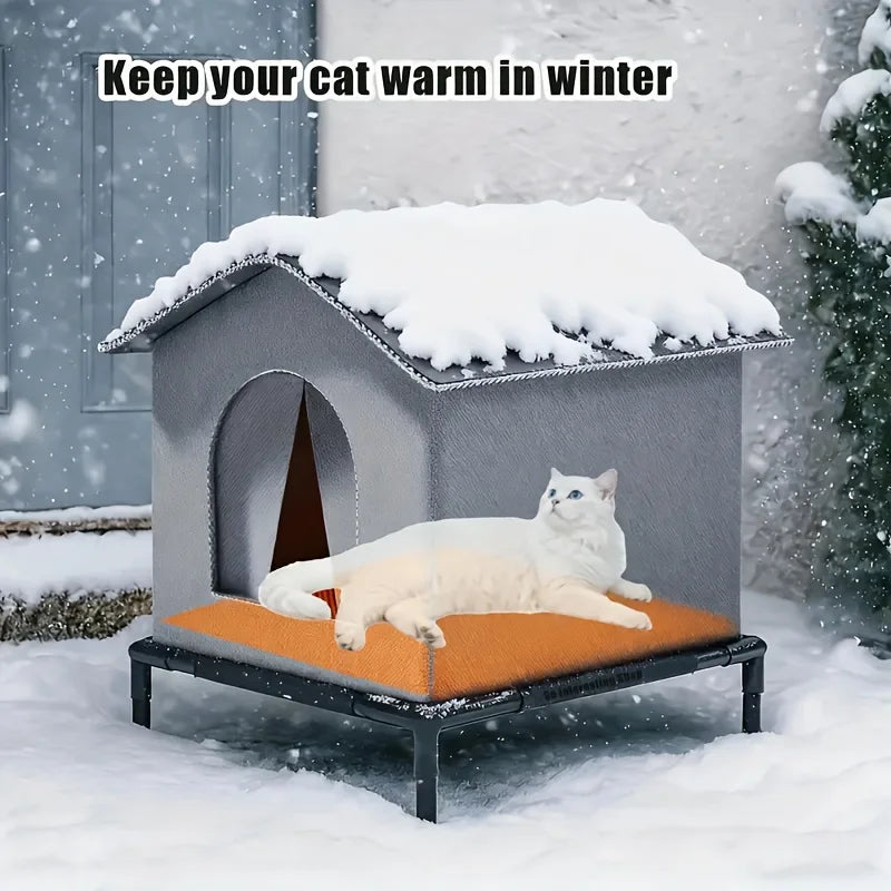 Outdoor Cat House with Stand Insulated Foam Shelter Fluffy Blankets Rainproof Winter Shelter Cave Beds for Small Dogs Kittens