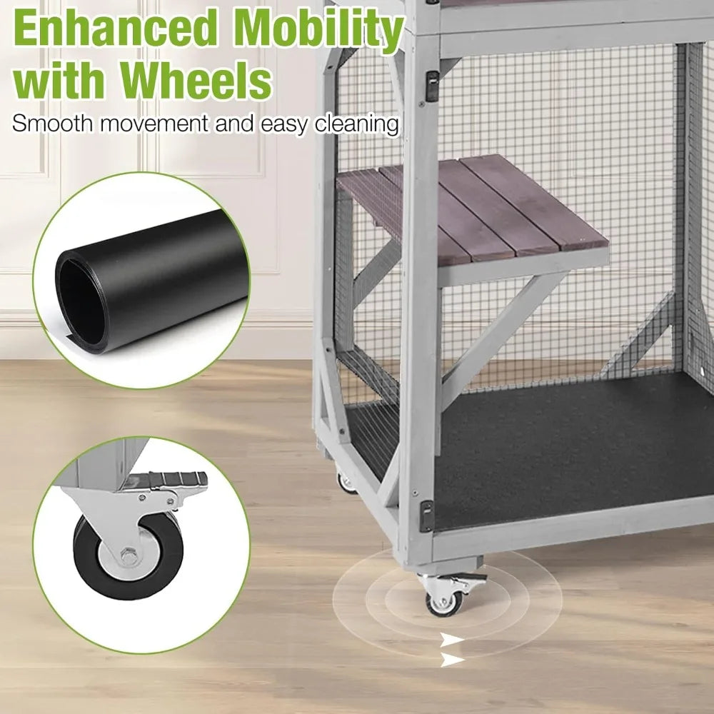 GUTINNEEN Catio Outdoor Cat Enclosure Mobile Cat House Indoor On Wheels with Scratch Post, Hammock, Resting Box, Platform, Tarp