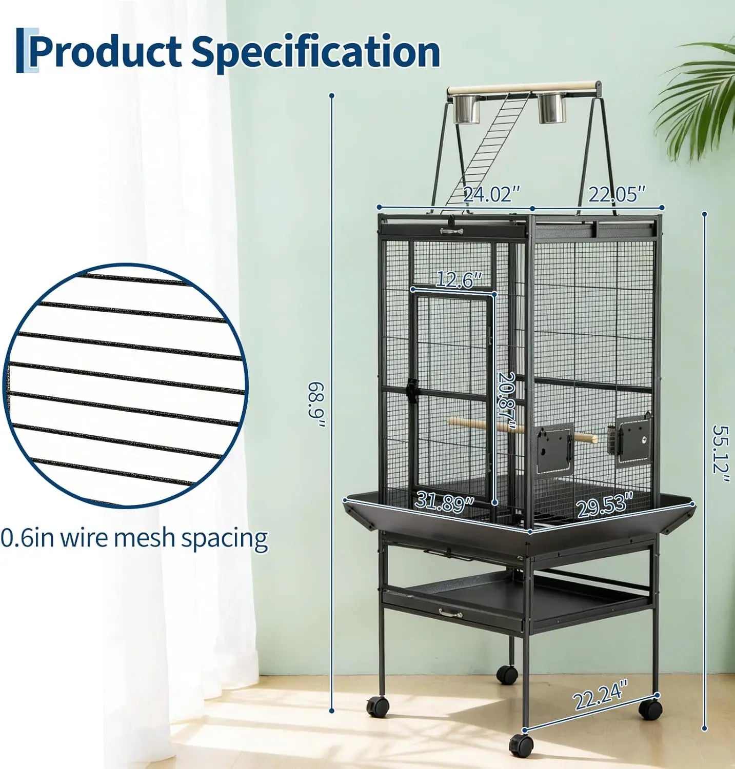 69-inch Playtop Parrot Bird Cages, Metal Large Birdcage with Rolling Stand for Parakeet Cockatiels Lovebird Parrot Cage Birdcage