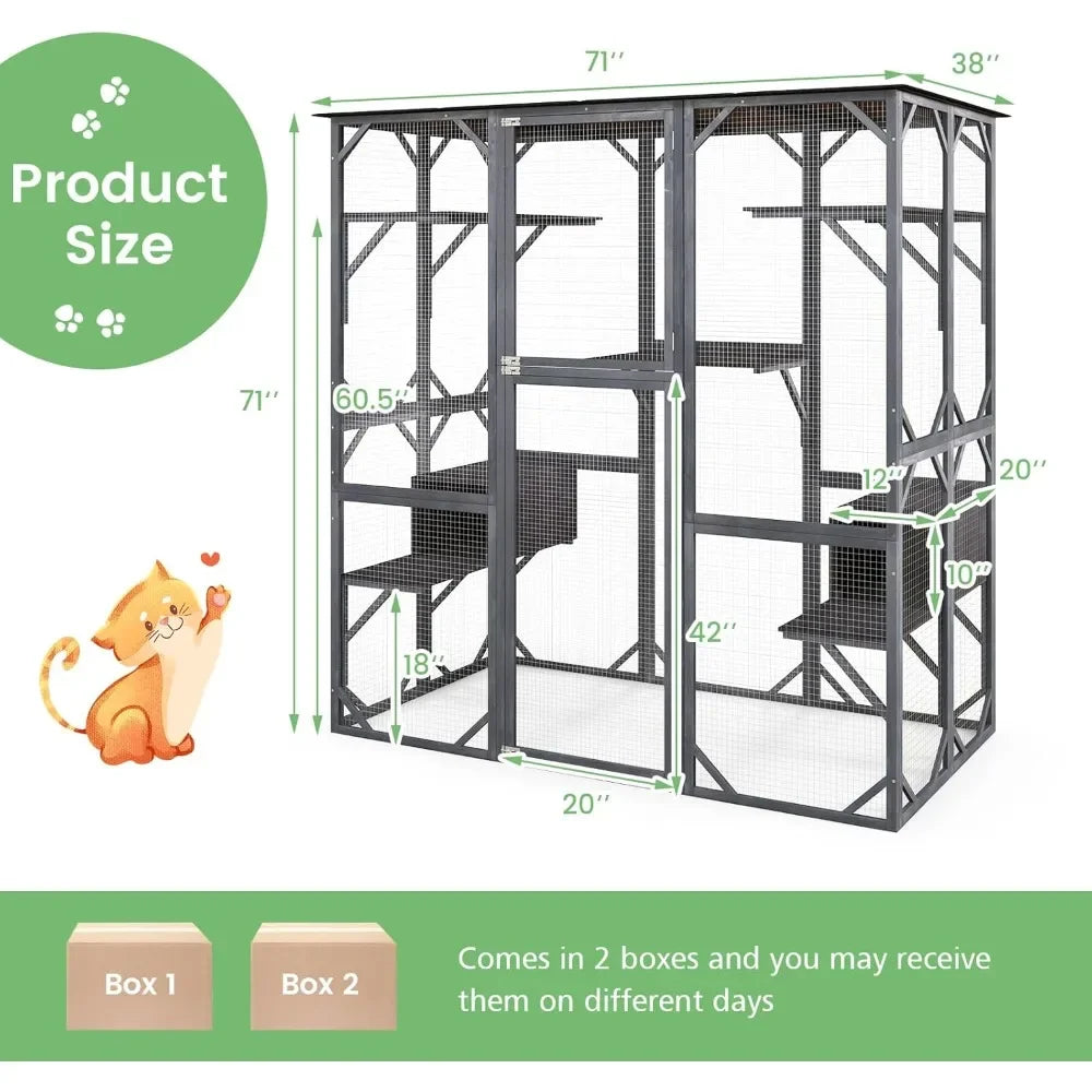 Outdoor Cat Enclosure Large, 71 Inch Outdoor Cat House Weatherproof with Asphalt Roof, Wooden Cat Cage Playpen