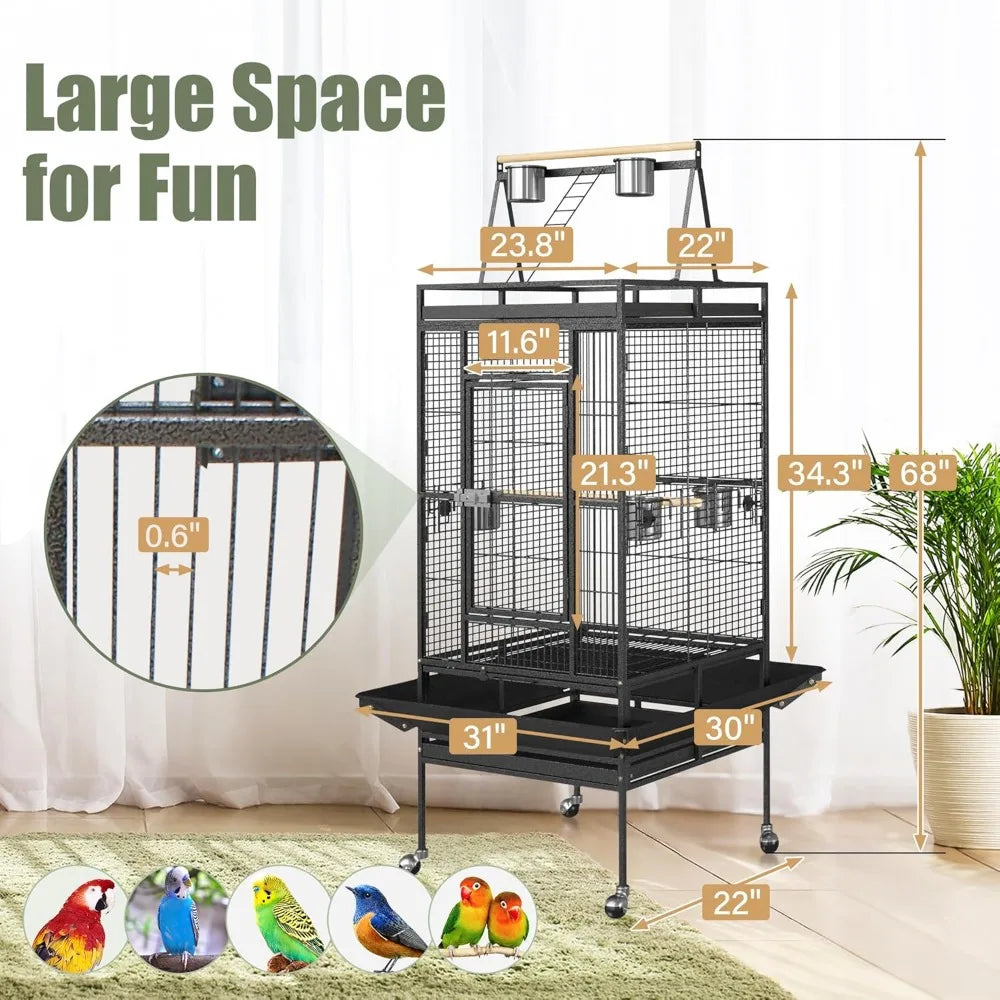 ZENY 68-Inch Birdcage, Playtop Parrot Cage, Wrought Iron Bird Cage with Rolling Stand, Heavy-Duty Pet Bird House for Parrot Cock