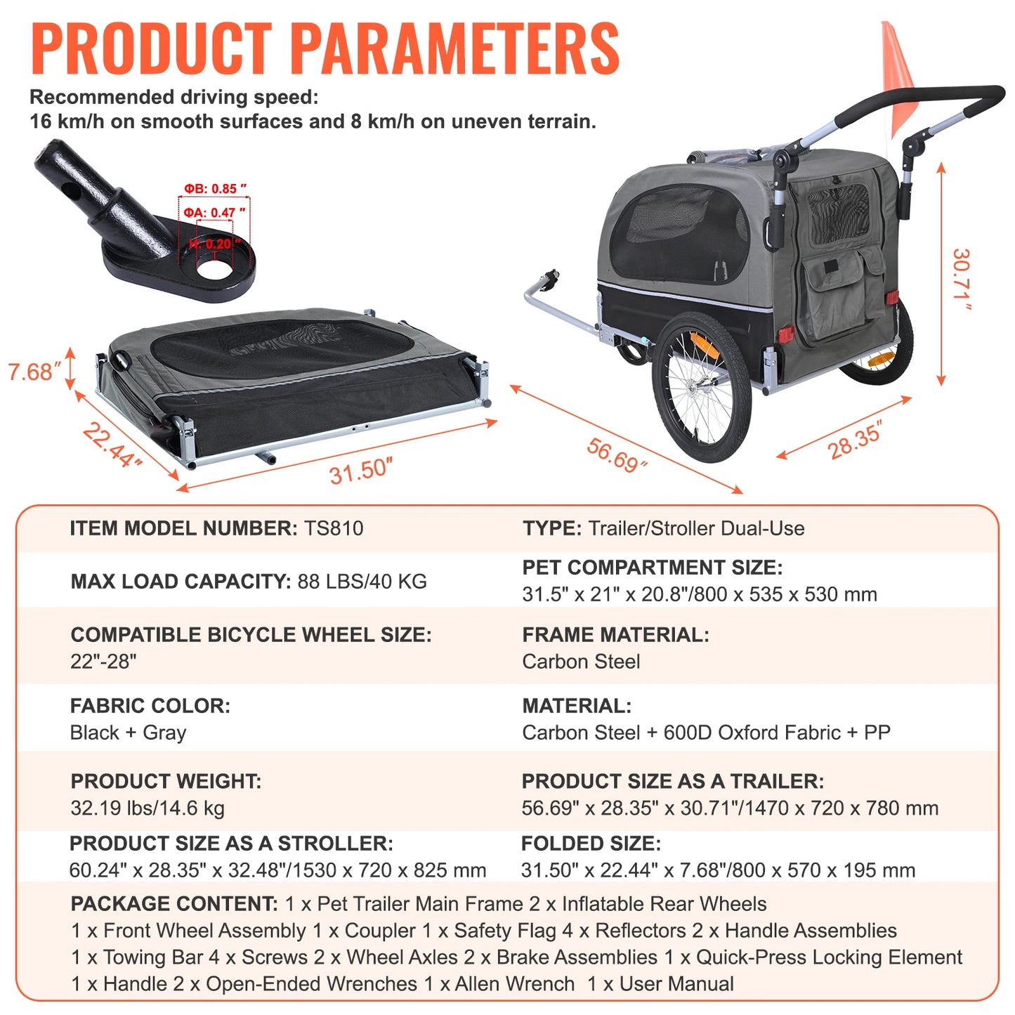 SucceBuy 88lbs 2-in-1 Pet Stroller Cart Dog Bike Trailer with Wheels Reflectors Easy Folding Cart Frame Bicycle Coupler Carrier