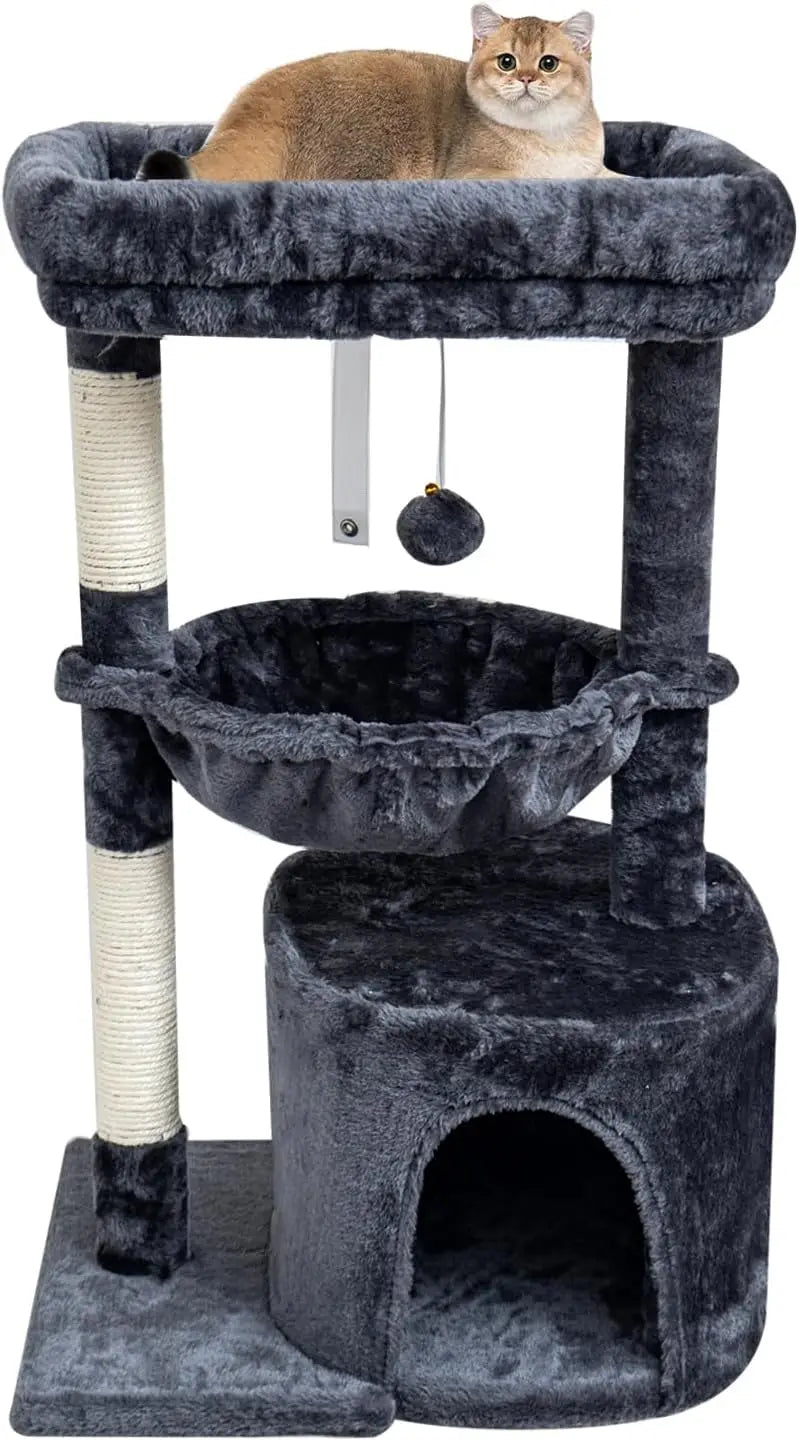 Small Cat Tree for Indoor Cats, Kittens Condo with Scratching Post and Board, Modern Activity Tower with Cradle