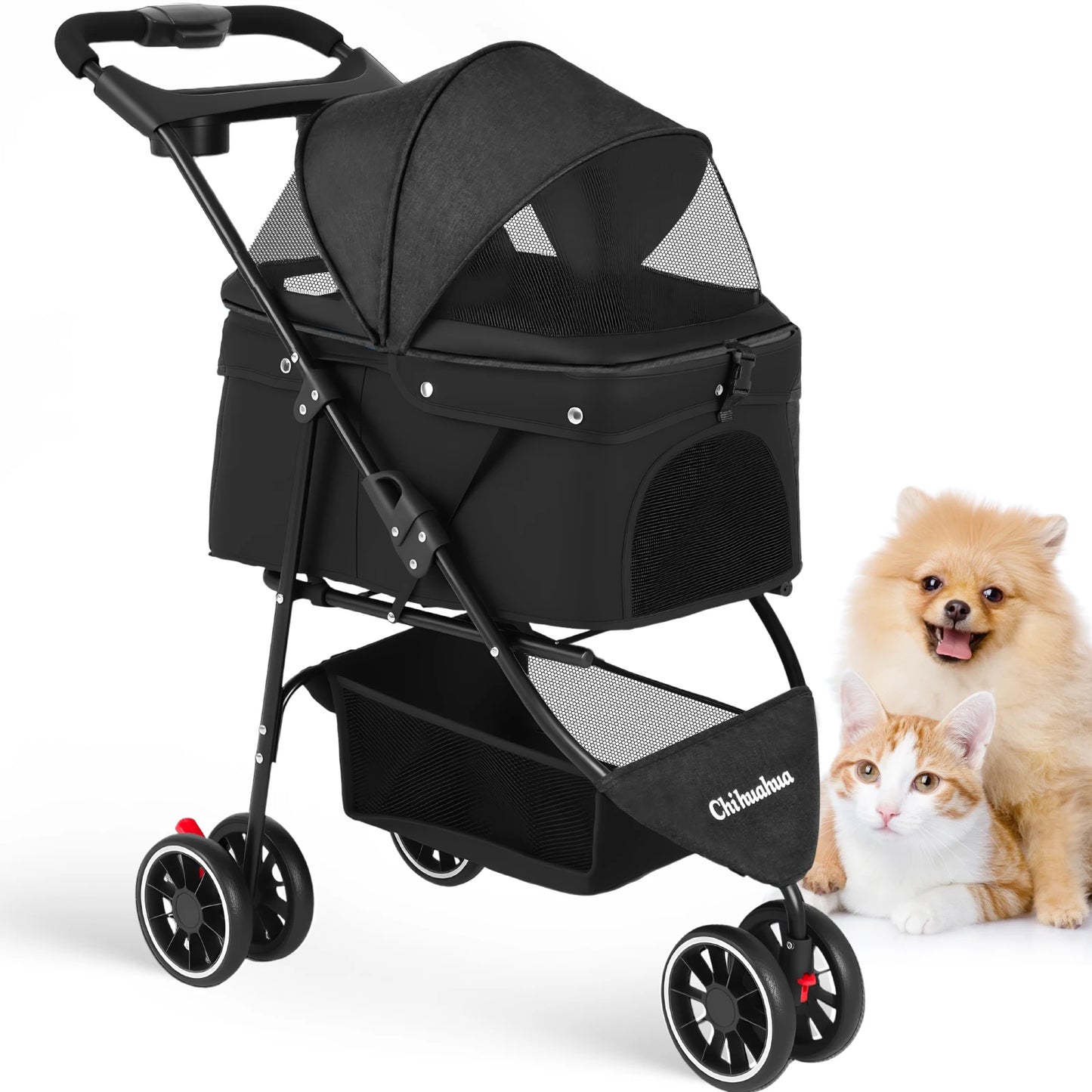 Portable Foldable Pet Stroller for Small Dogs & Cats, Travel Carrier with Canopy, Storage Basket