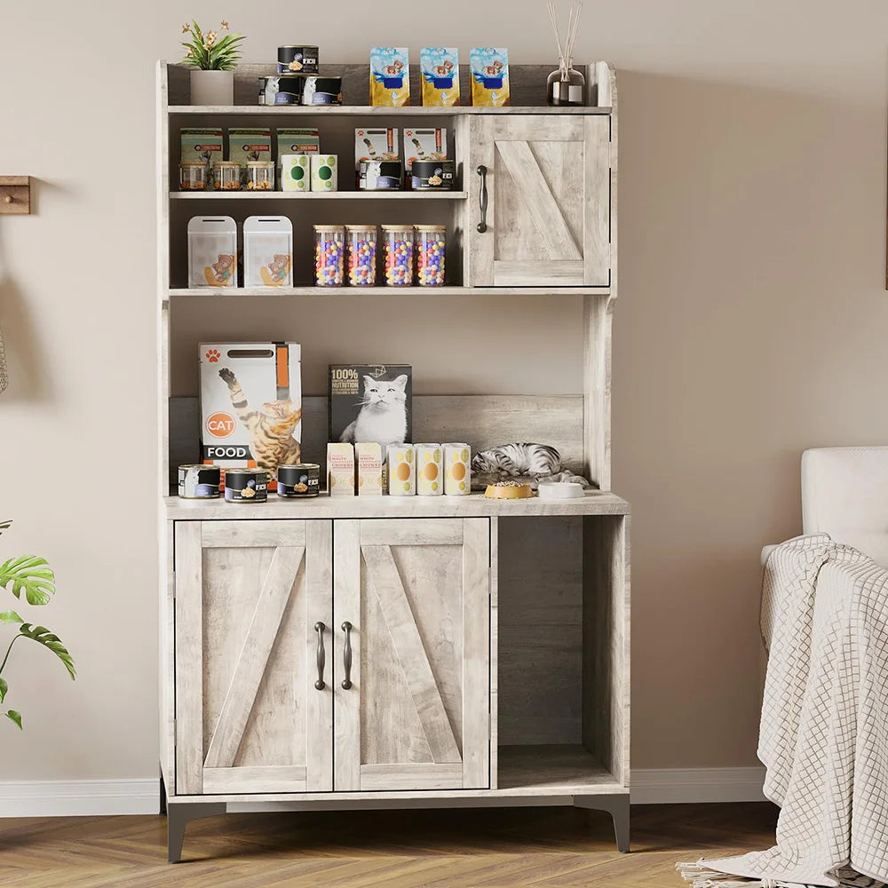 Rustic Farmhouse Hidden Cat Litter Box Enclosure 4-Tier Storage Shelves & 2 Cabinets Wood Cat Washroom Furniture For Indoor Use