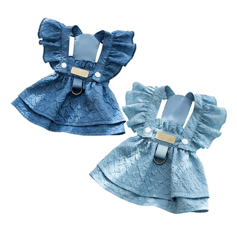 Summer Denim Pet Dress - Flying Sleeve Dog & Cat Outfit with Leash Ring