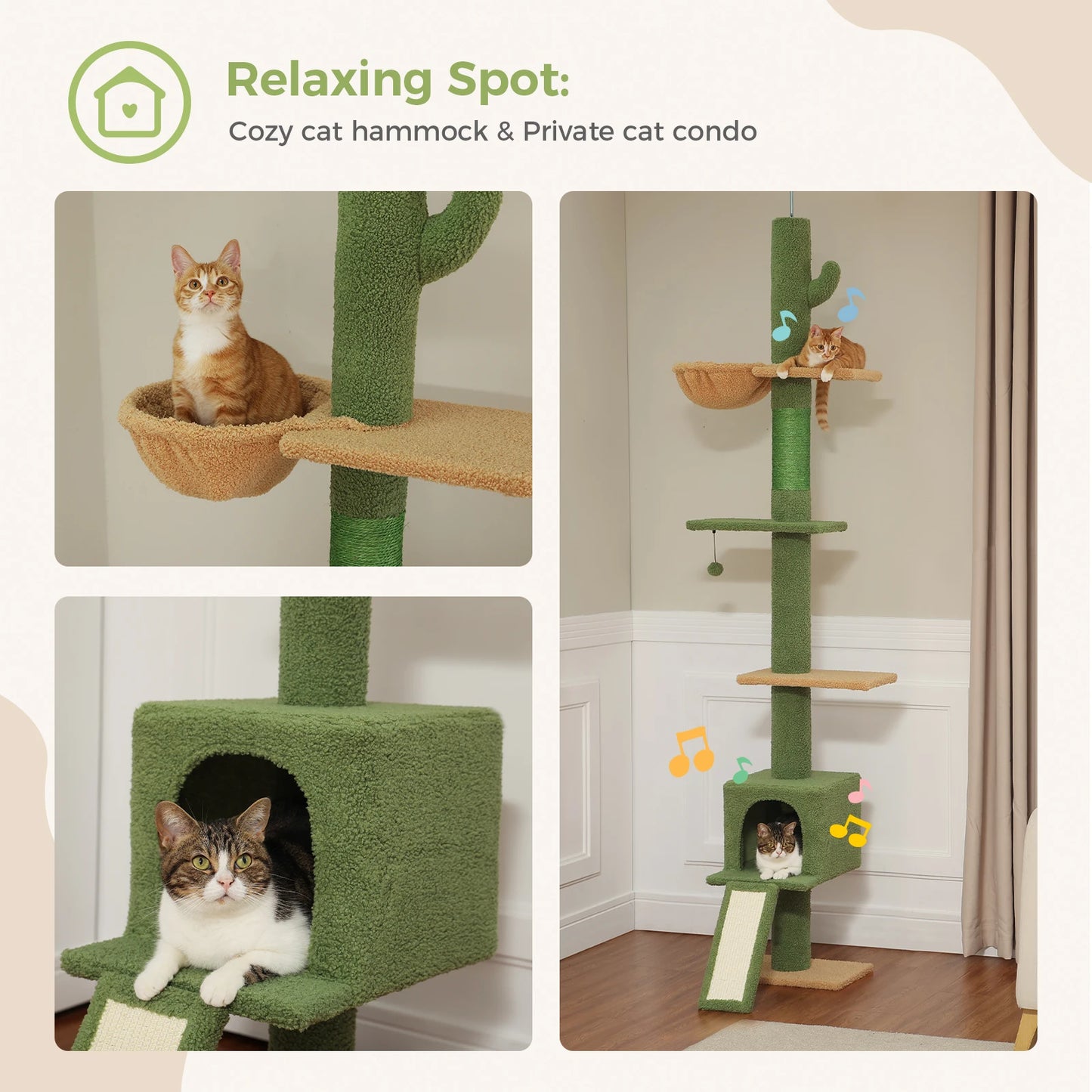 Cactus Cat Tree Floor to Ceiling Cat Tower with Sisal Scratching Post,Comfortable Hammock for Multi-Cat Homes,Cat Accessories