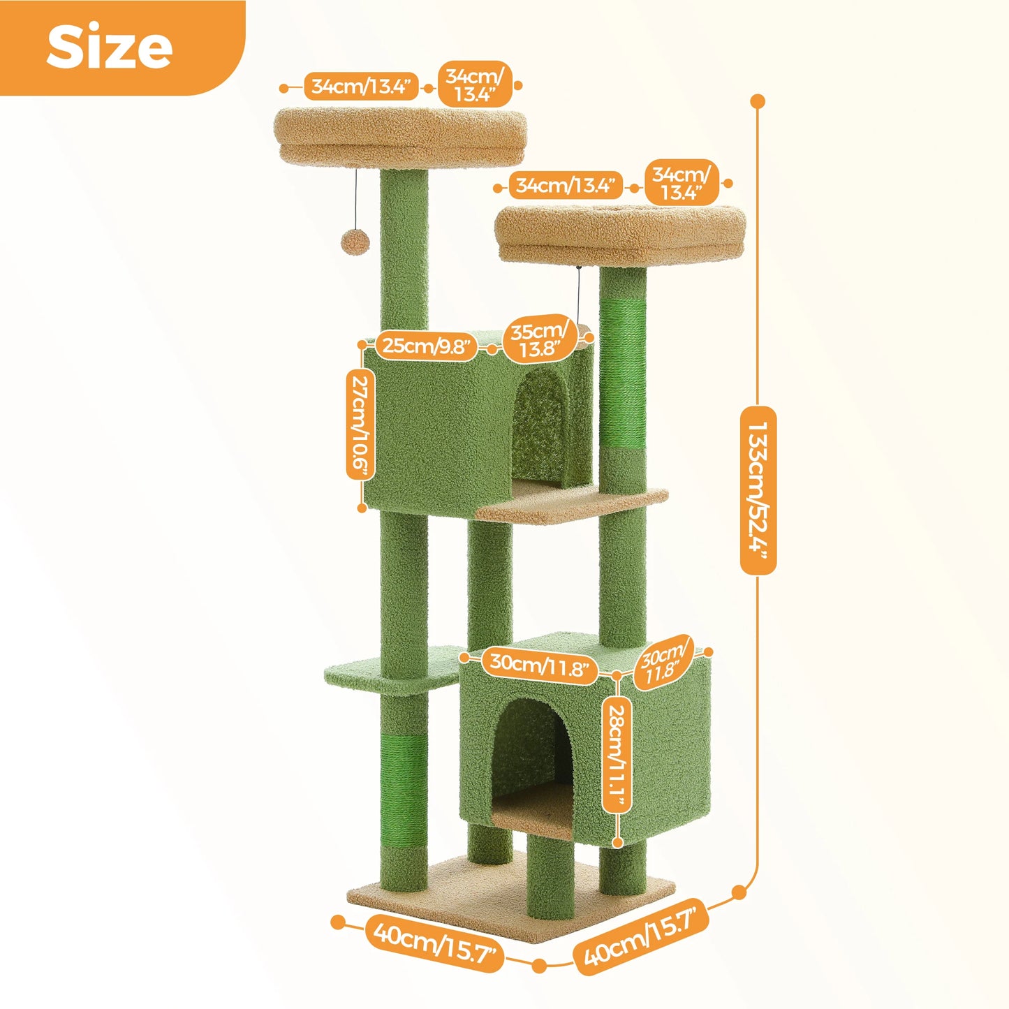 Cactus Cat Tree, 133cm Cat Tower for Indoor Cats, Cute Cat Tree with 2 Padded Perches, 2 Condos & 2 Scratching Posts