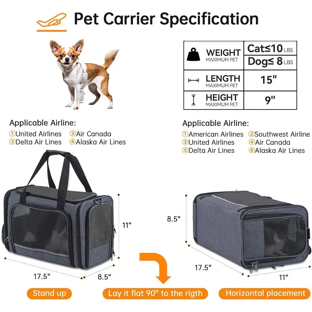 Cat Carrier Pet Travel Carrier by Airplane Approved Under seat, TSA Airline Approved Soft-Sided Dogs Carrier Bag for cat,Dogs,17