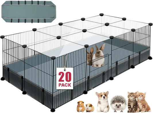 20 Panels Small Animal Playpen, 48" x 24" x 16" Pet Playpen with Waterproof Mat, C&C Cage for Guinea Pigs, Rabbit/Bunny/Baby Chi