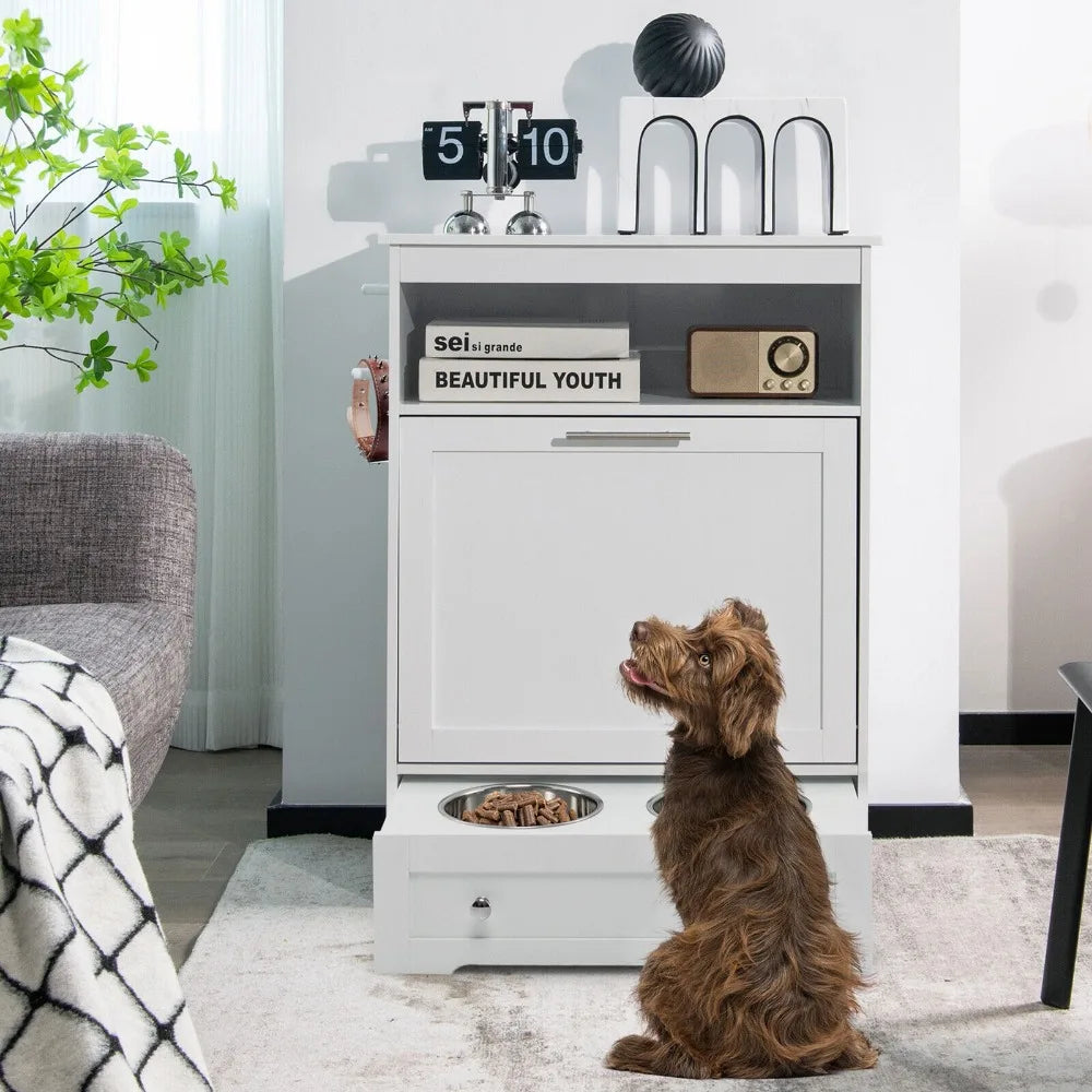 Pet Feeding Station Furniture w/ Double Pull Out Dog Bowl Food Cabinet White