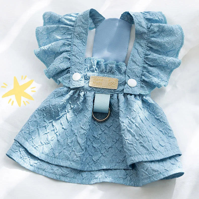 Summer Denim Pet Dress - Flying Sleeve Dog & Cat Outfit with Leash Ring