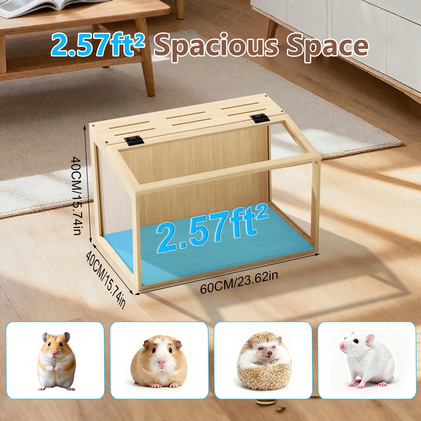Wooden Hamster Cage Guinea Pig Cage Clear Small Animal cage with Open top Hamster Habitat Wooden Frame Tempered Glass Panels