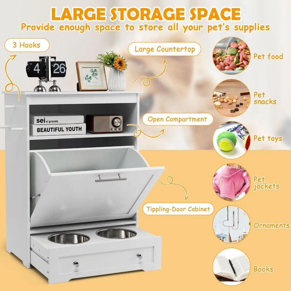 Pet Feeding Station Furniture w/ Double Pull Out Dog Bowl Food Cabinet White