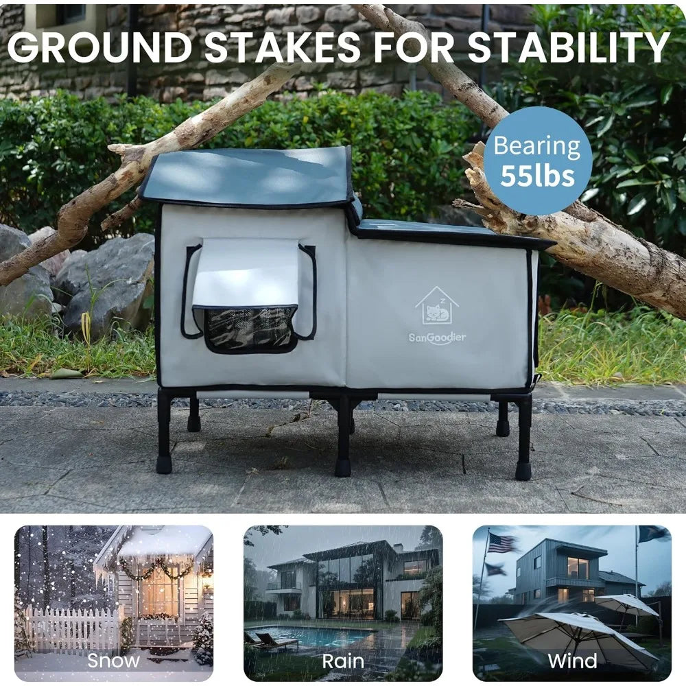 Outdoor Cat House Weatherproof, Summer Cooling Outside Cat Houses with Freezing Bottle, Foldable Cats Shelter, Large Cave Bed fo